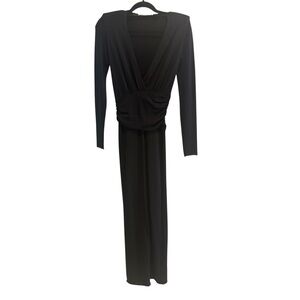 Zara Maxi Ruched Waist V-Neck Knit Dress Shoulder Pads Black S Goth Emo Witchy